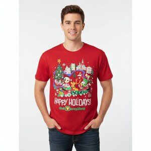 Disney Parks Happy Holidays T-Shirt XL Red Mickey & Friends Graphic Print‎